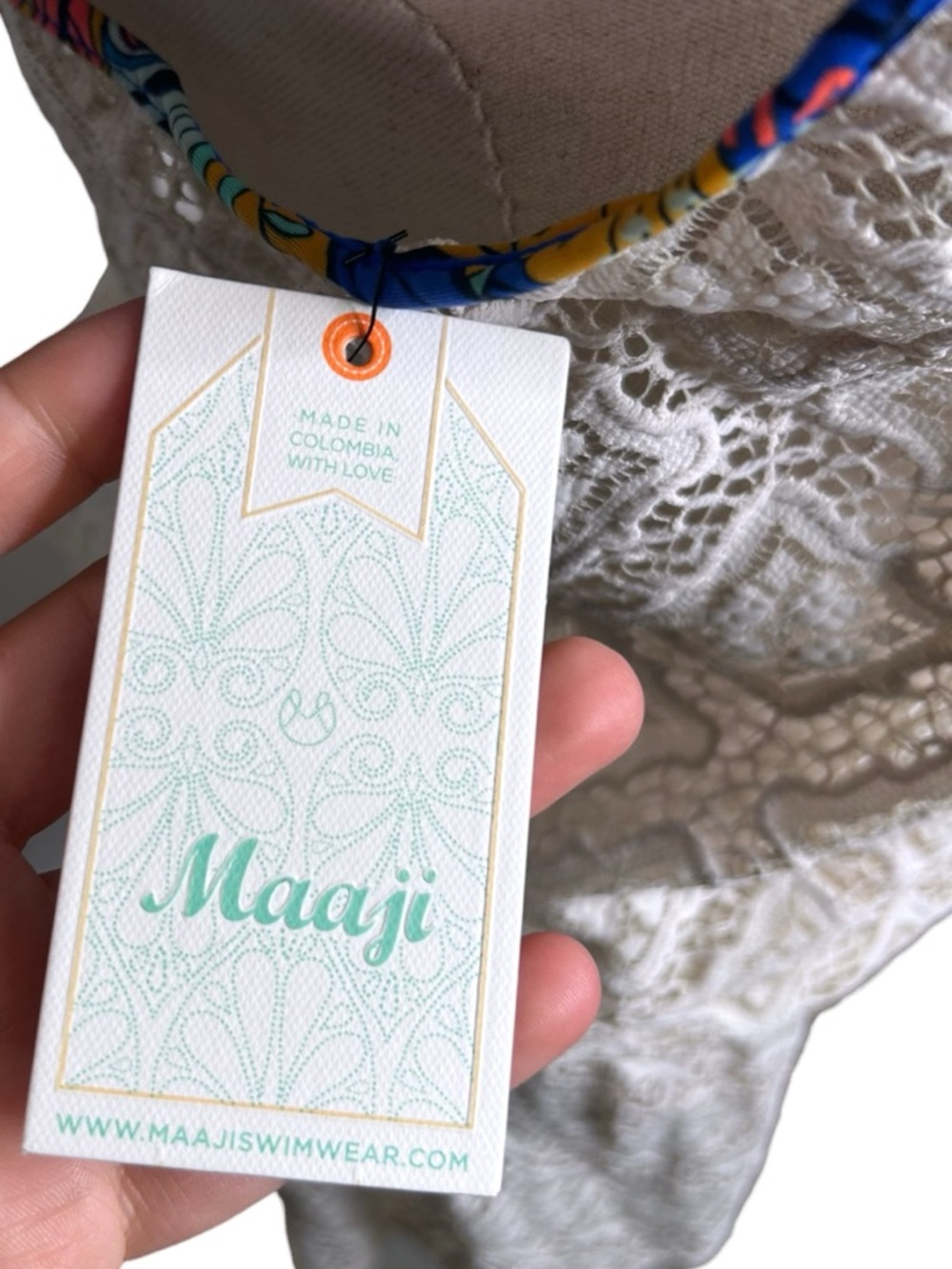 MAAJI Cream Crochet Lace Swim Coverup Romper with Strappy Colorful Trim Medium - Picture 5 of 8